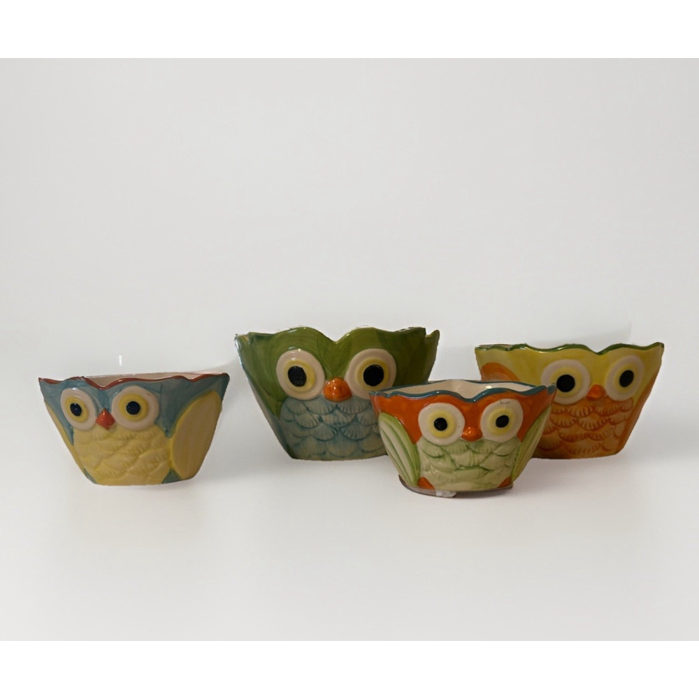 Pier 1 Imports Hand Painted Owl Measuring Cups Set 4 Stoneware Colorful Vintage